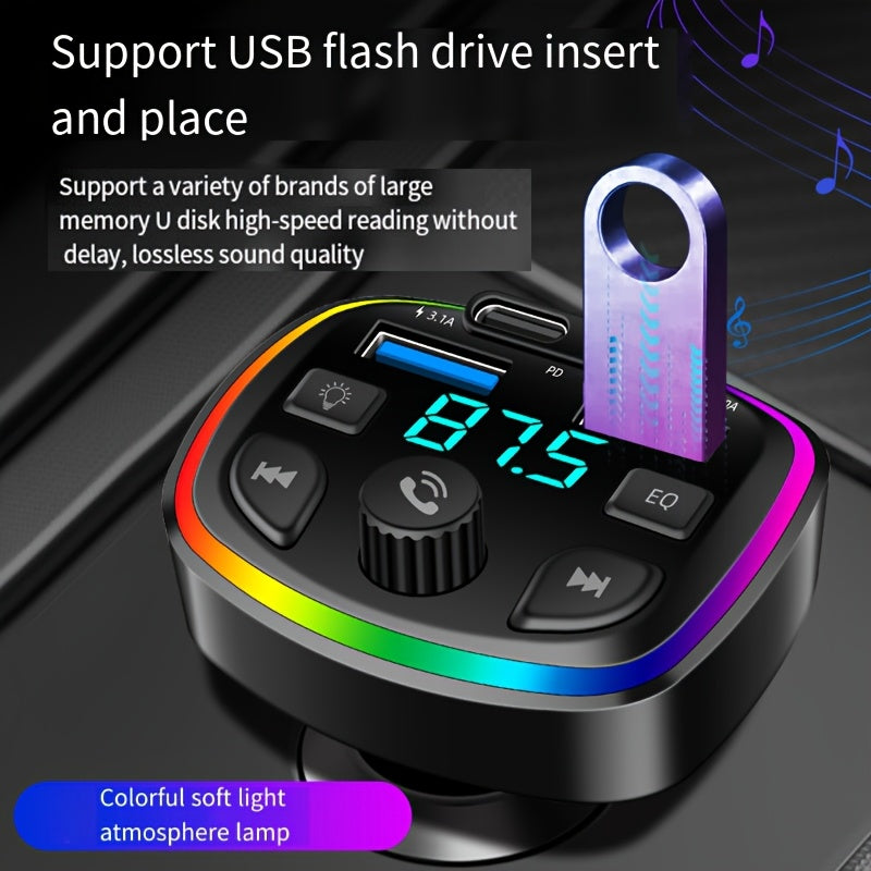 Wireless Car Stereo MP3 Player with EQ, Ambient Lights, Dual USB Fast Charging
