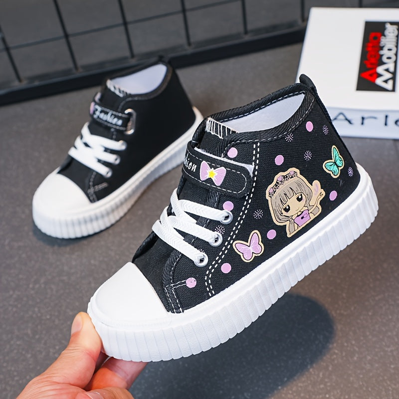 Girls' Canvas Sneakers with Cartoon Pattern, Ruffled Details, Hook-and-Loop Closure
