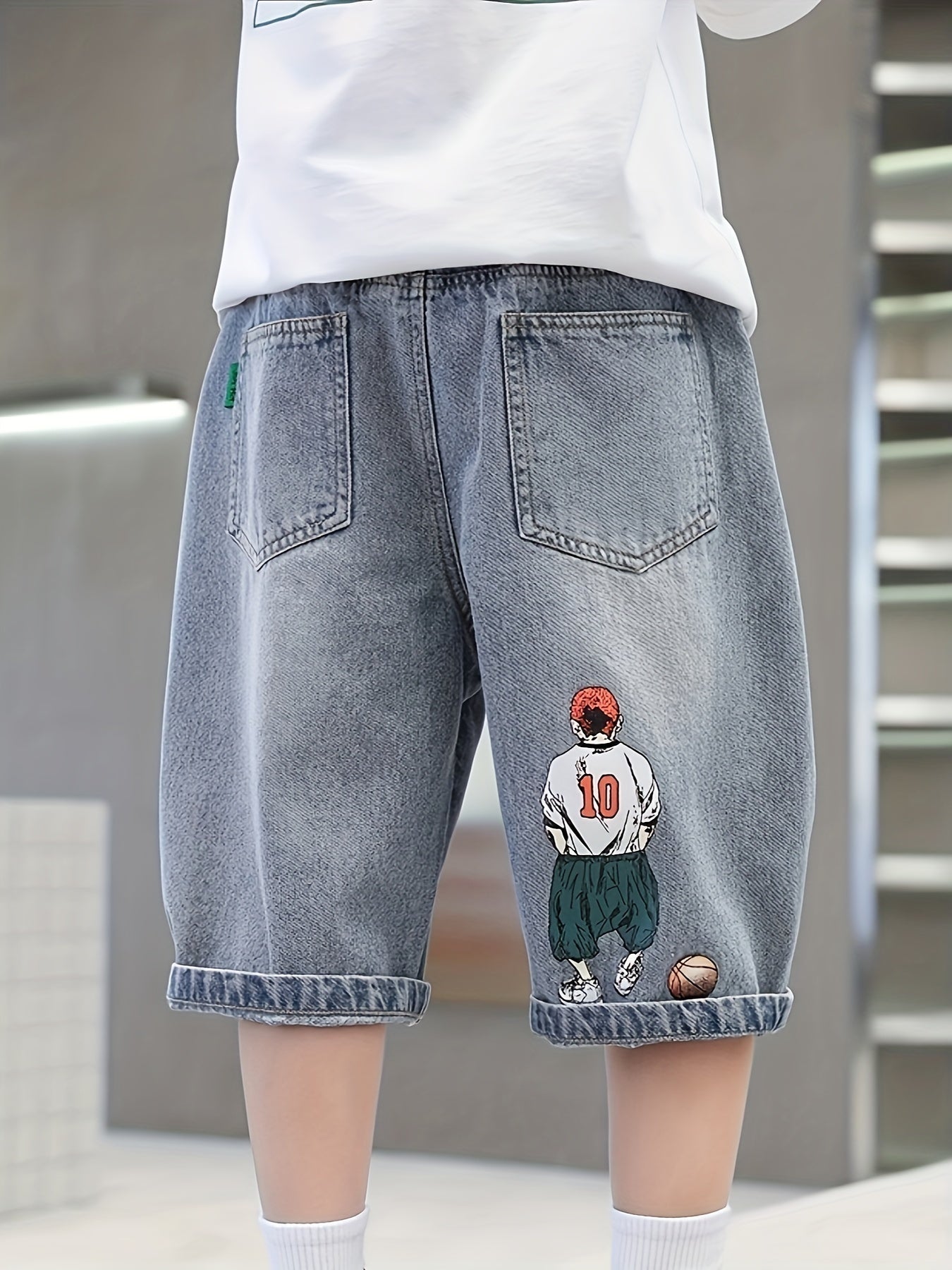 Boy's Wide Leg Cropped Jeans with Cartoon Graphics Loose Fit for All Seasons