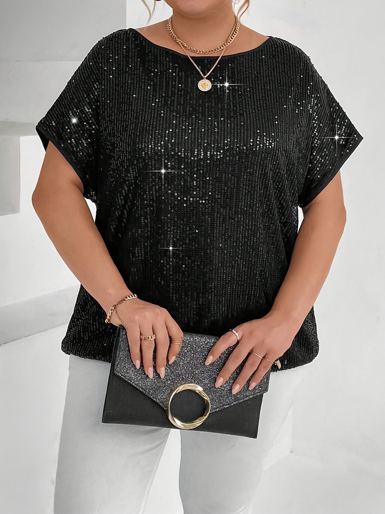 Plus Size Women's Sequin Short Sleeve T-Shirt Lightweight Silver Casual Top