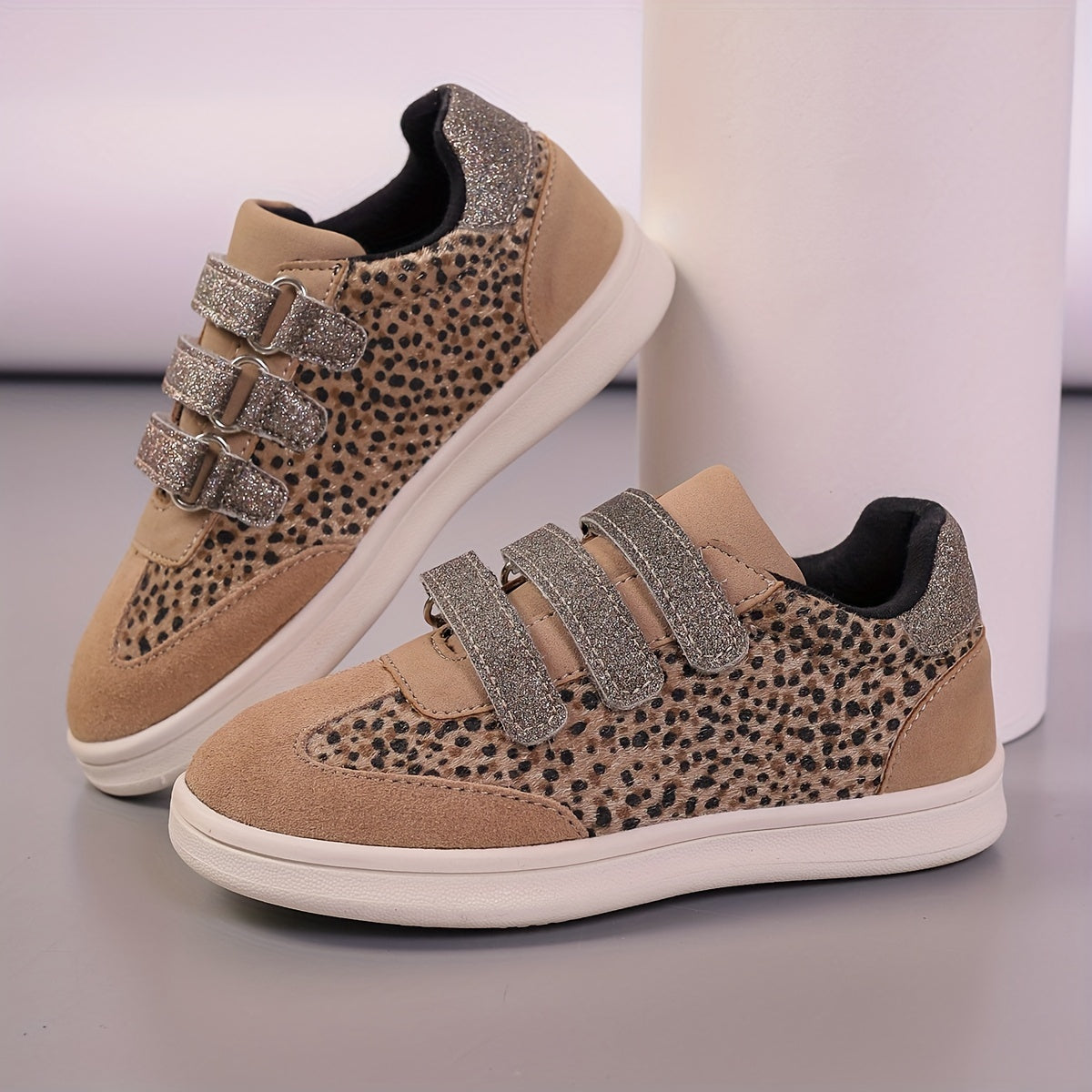 Kids' Animal Print and Beige Glitter Non-Slip Shoes with Hook-and-Loop Strap