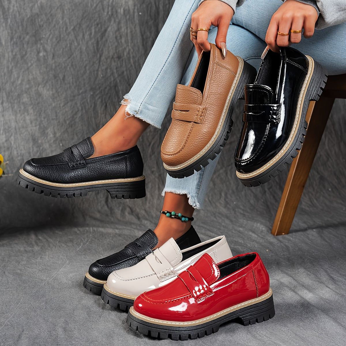 Women's Thick-Soled Loafers Solid Color British Style Casual Shoes