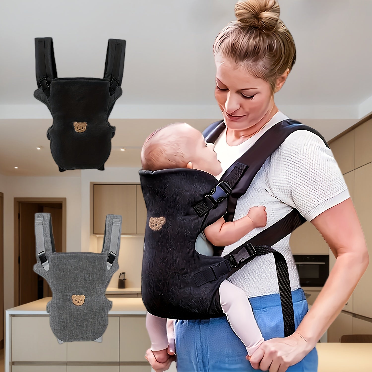 3+ yosh uchun bolalar uchun belbog‘li nafas oladigan polyesterli sling, olib tashlanadigan kamar bilan, qora va kulrang