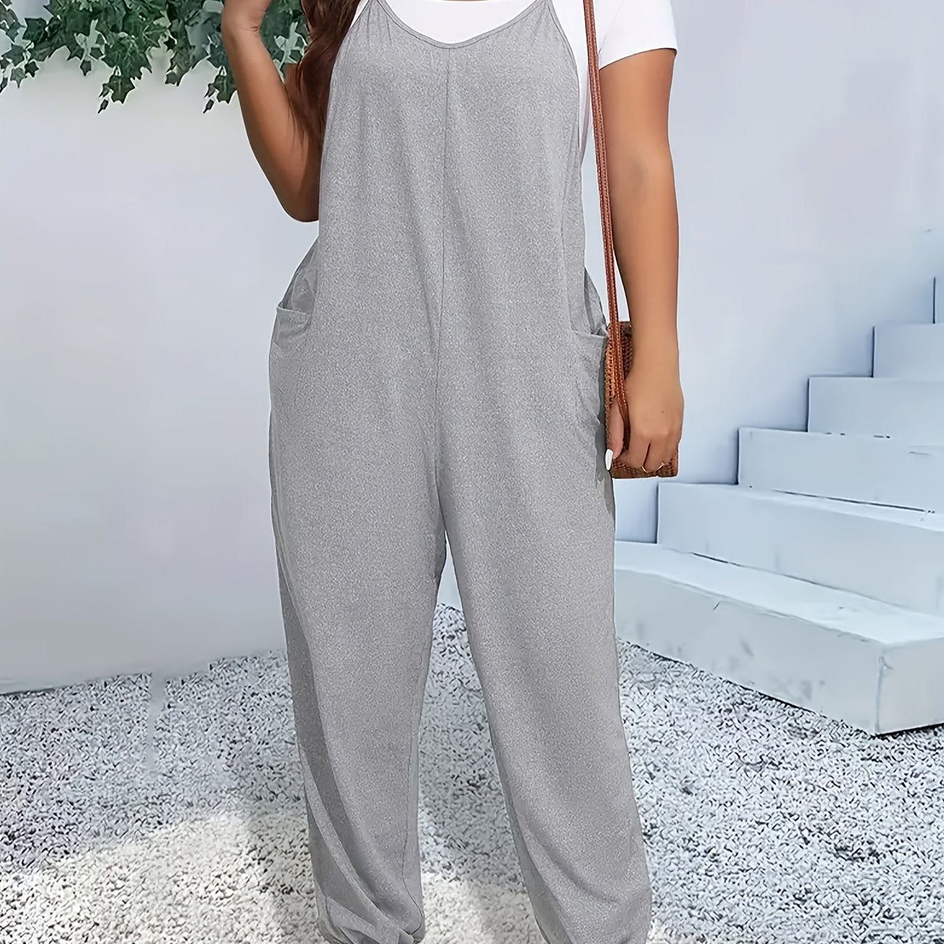 Women's Plus Size Red V-Neck Jumpsuit with Pockets Sleeveless Wide-Leg