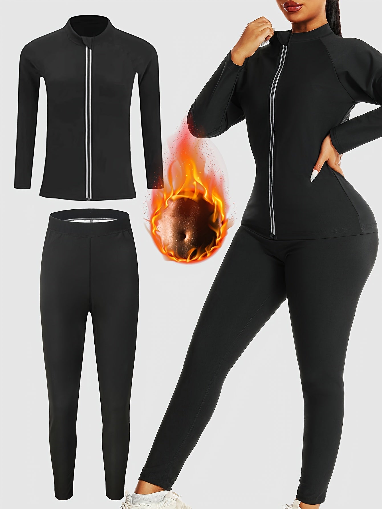 Women's Sauna Sweat Suit Set with Long Sleeve Zip-Up Jacket and Pants for Yoga and Fitness