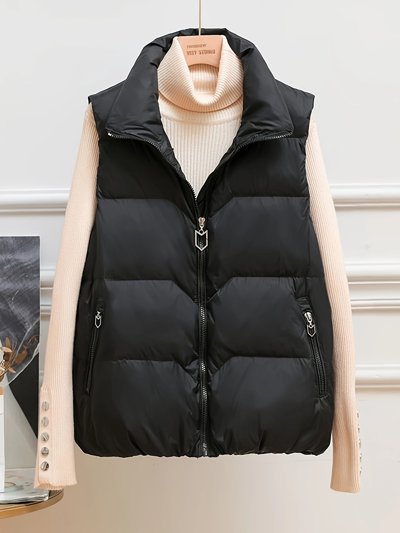 Women's Sleeveless Beige Puffer Vest with Side Pockets and Zipper for Fall Winter