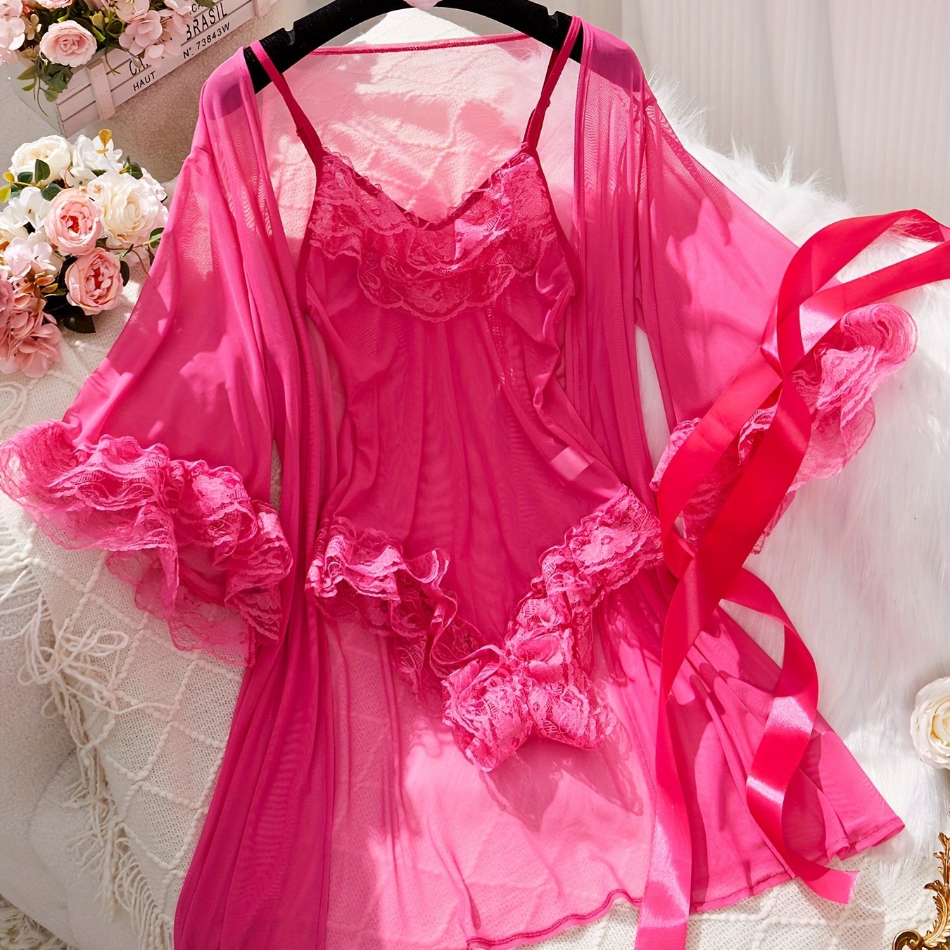 Women's Lace Lingerie Set with V-Neck Bodysuit and Robe
