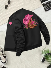 Women's Plus Size Casual Black Cowboy Jacket with Heart Print and Pockets