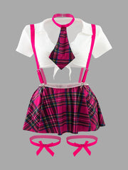 Plus Size Women's Role Play Uniform Set With Plaid Skirt Top Panties Bow Tie