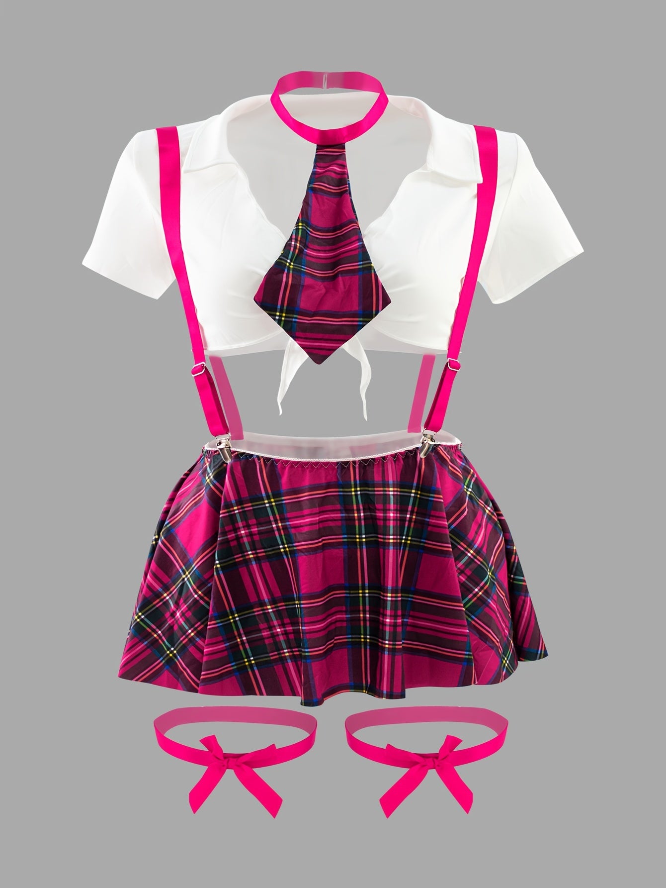 Plus Size Women's Role Play Uniform Set With Plaid Skirt Top Panties Bow Tie