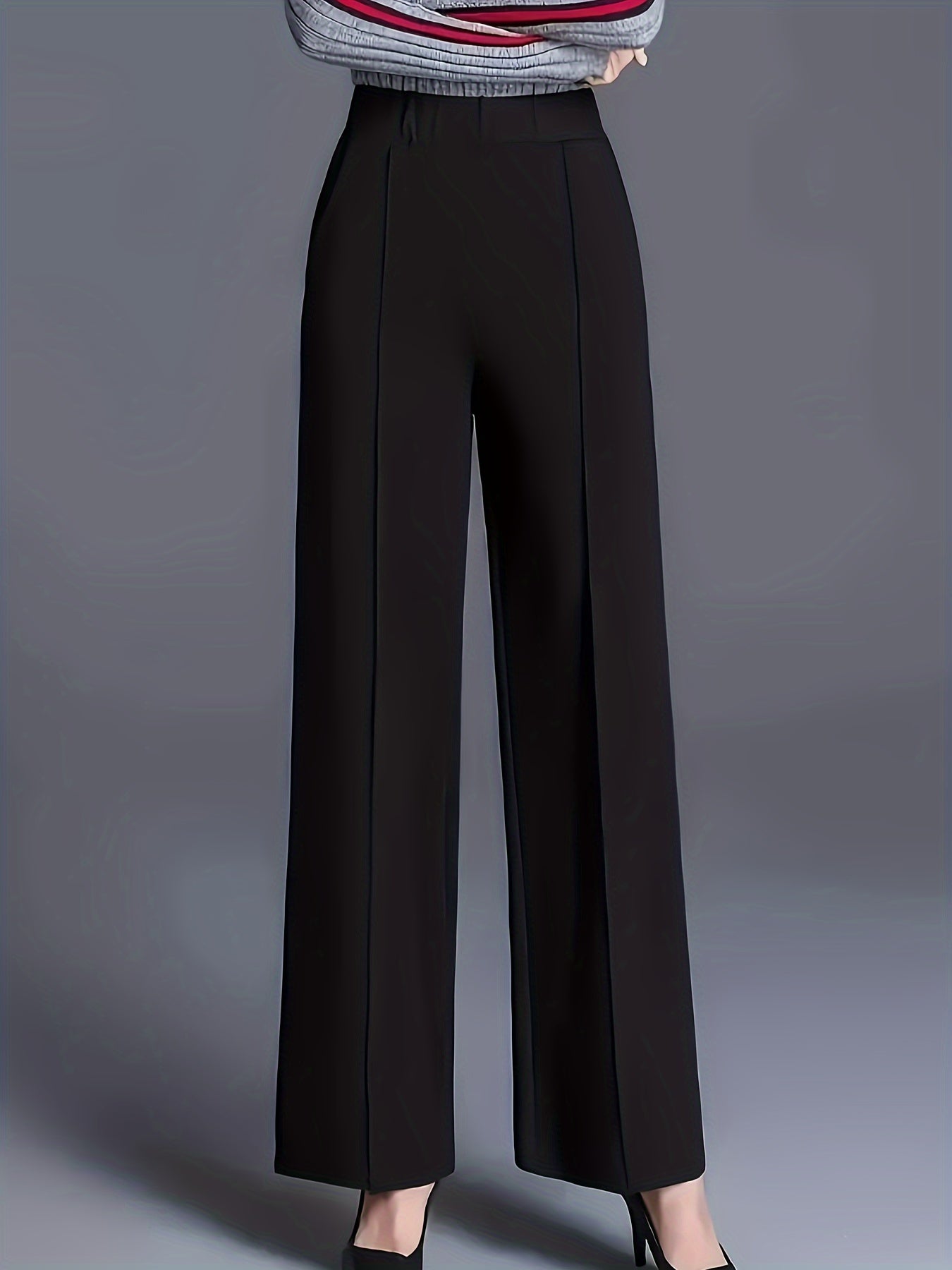 Plus Size High Waist Straight Leg Pants Casual Solid Polyester Knit With Pockets