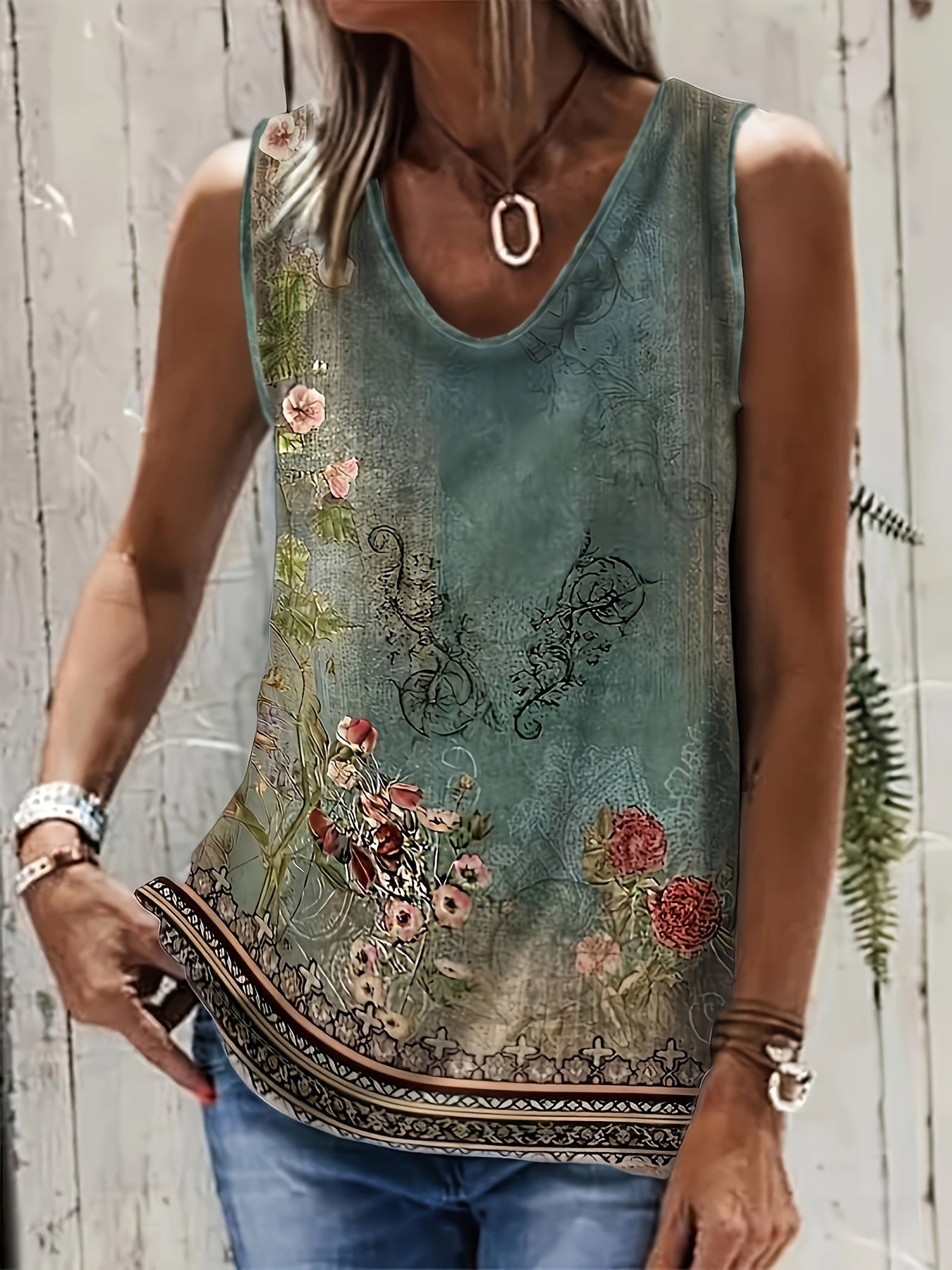 Top de tirantes con escote en V y estampado floral para tallas grandes para primavera verano ropa de playa