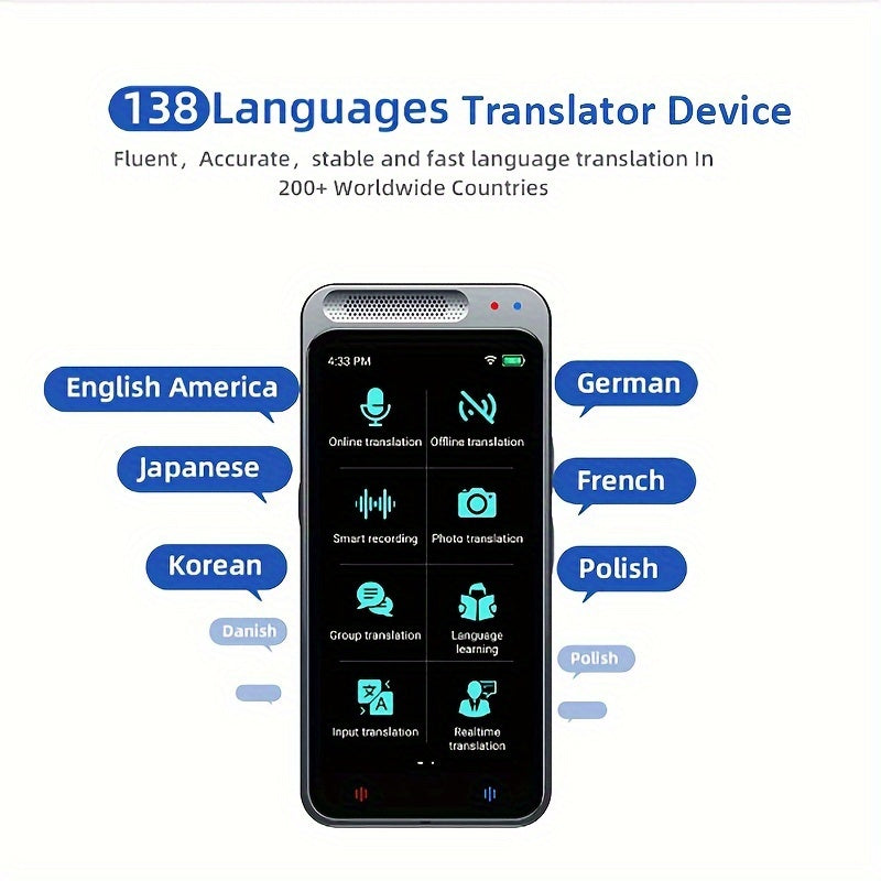 Language Translator Device with 138 Languages, Wi-Fi, 4.1-Inch Screen, Rechargeable Battery