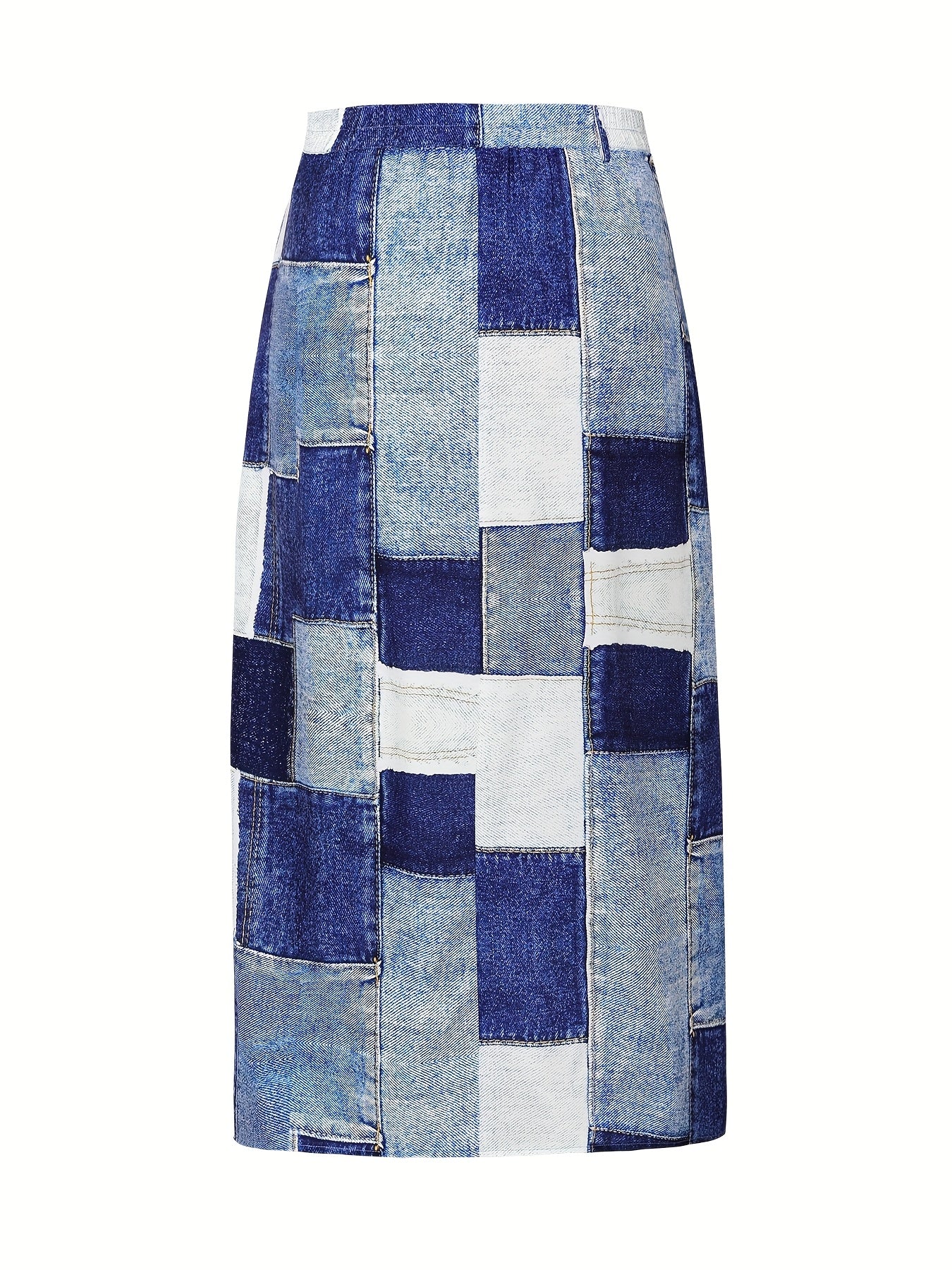 Plus-Size Denim Print Maxi Skirt with Pockets and Zipper