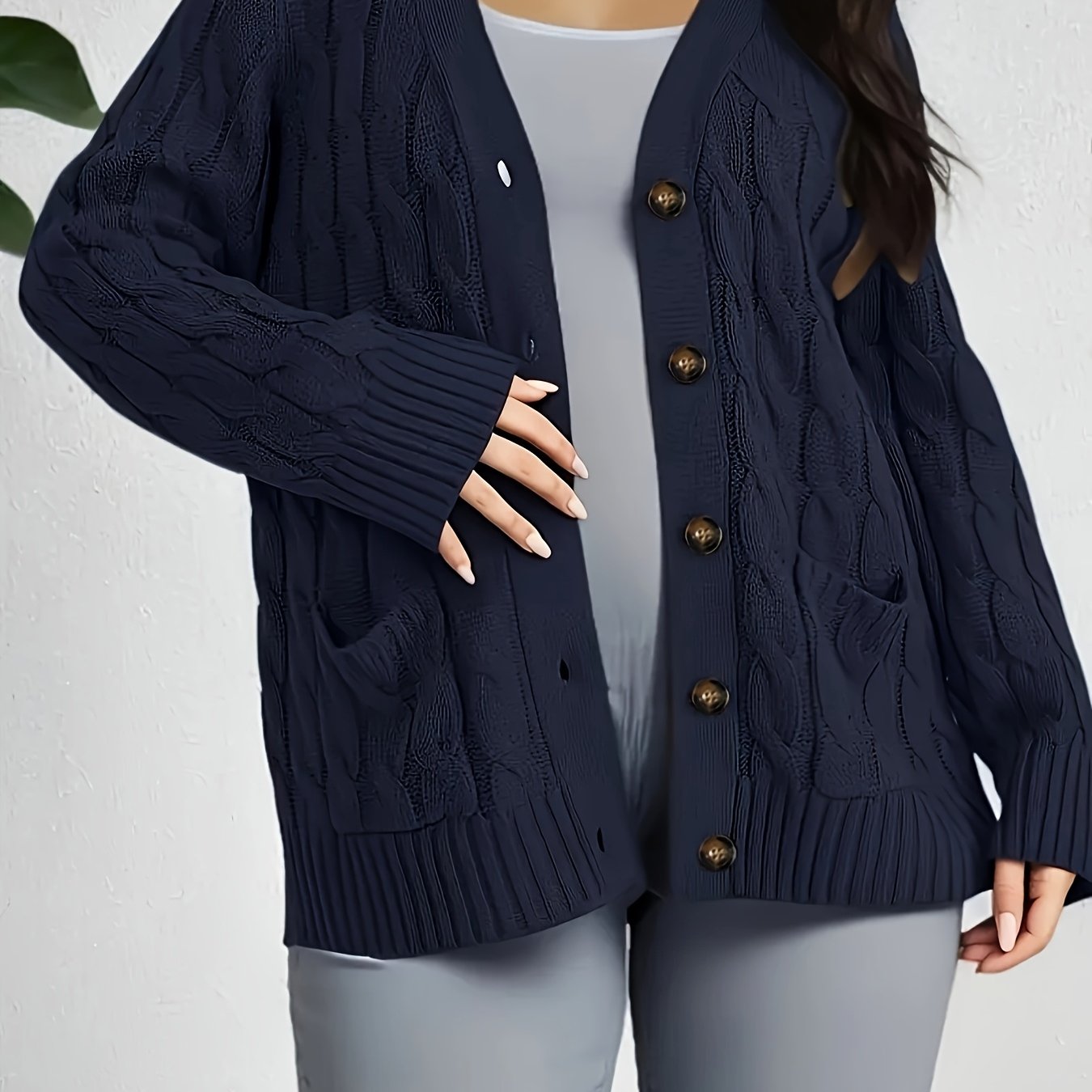 Plus Size Women's Solid Color Cable Knit Open Front Long Sleeve Cardigan