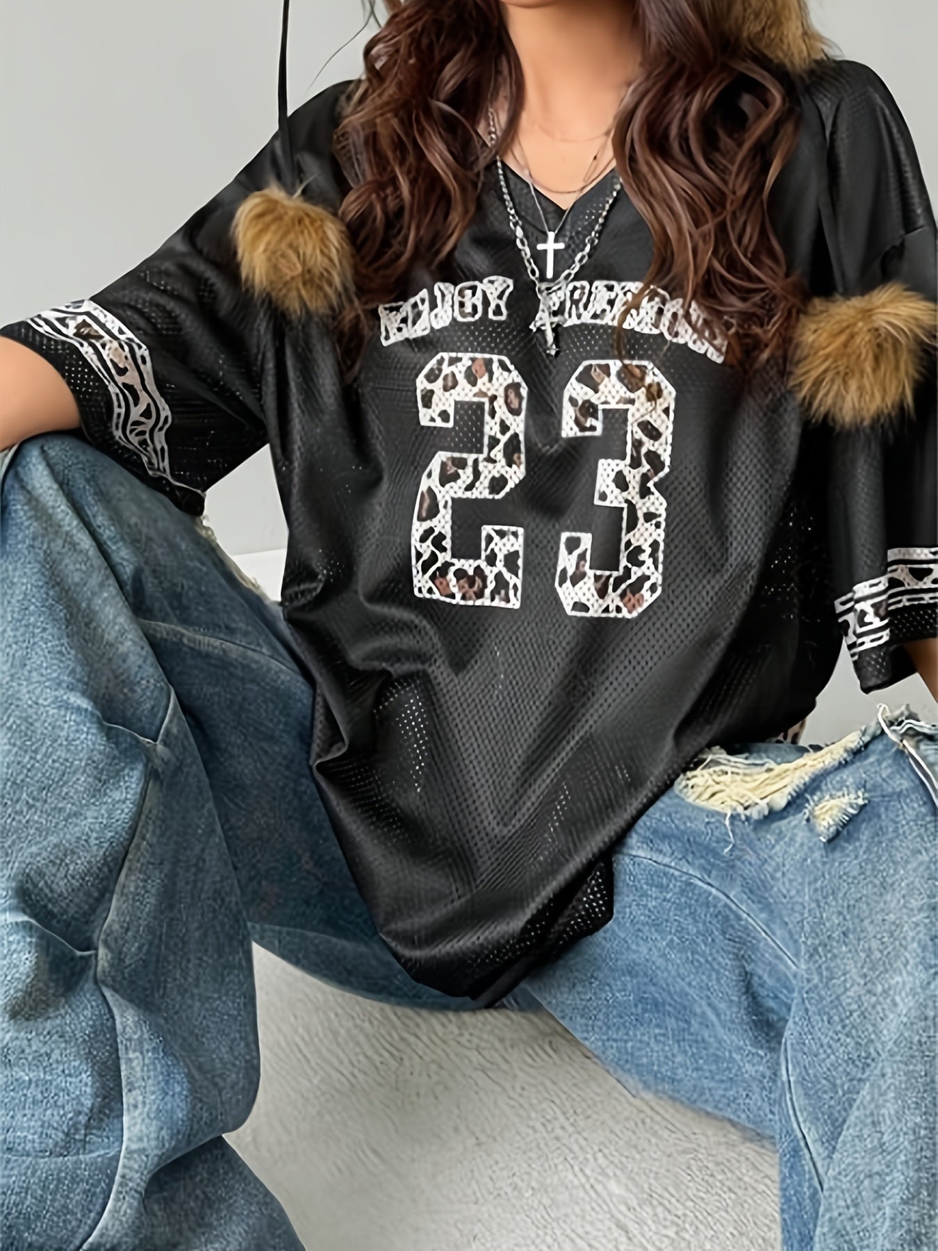 Women's Plus Size Summer Drop Shoulder V-Neck Football Jersey T-Shirt Breathable Semi-Sheer