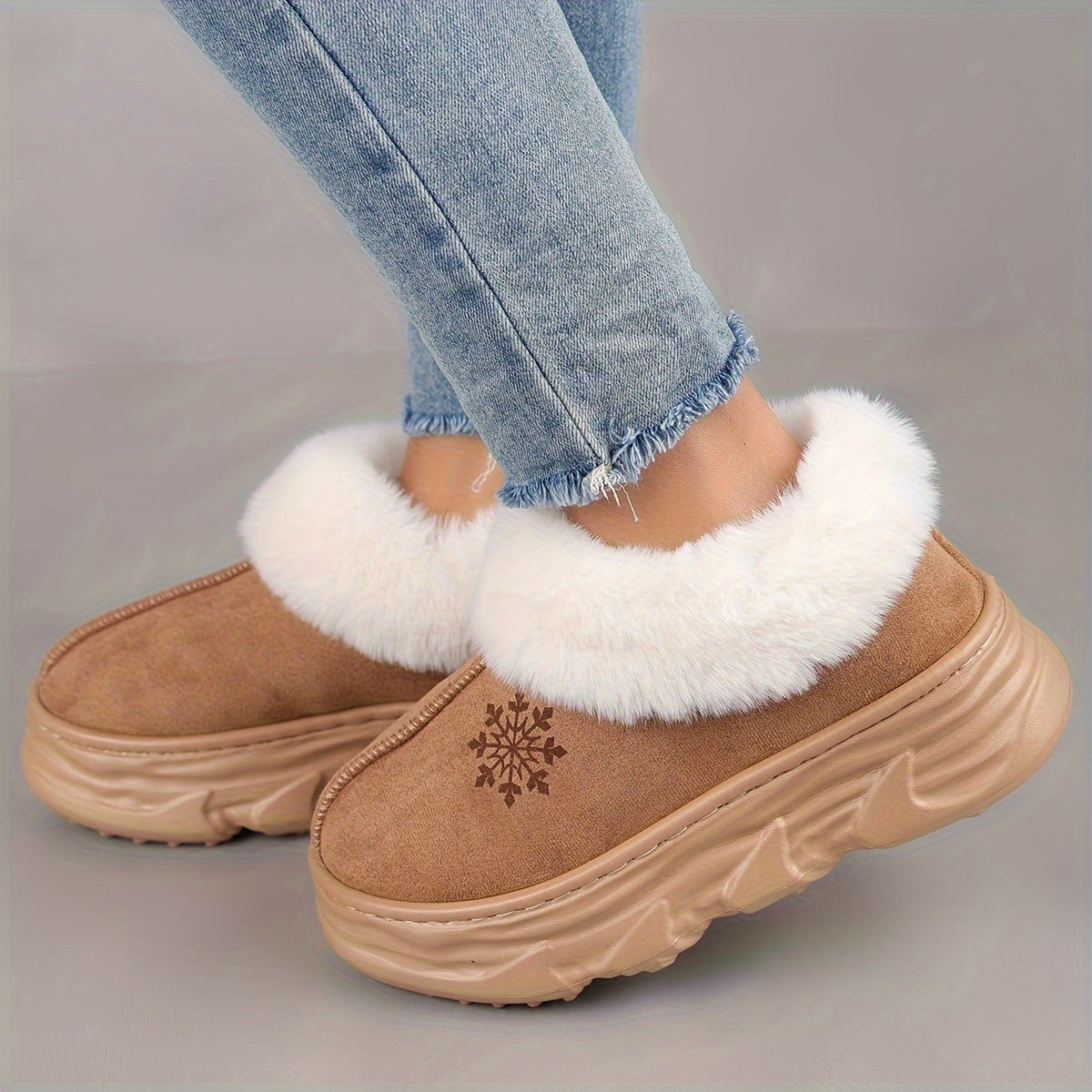 Couples Winter Slippers Plush Lined Thick Sole Snow Boots with Cartoon Design