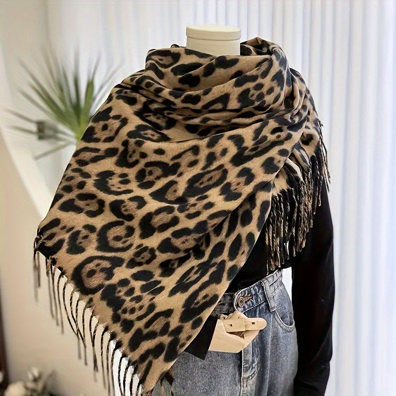 Women's Leopard Print Fleece Scarf Warm Shawl for Casual Outings