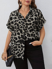 Plus Size Leopard Print V-Neck Blouse for Women Casual Polyester Top for Work