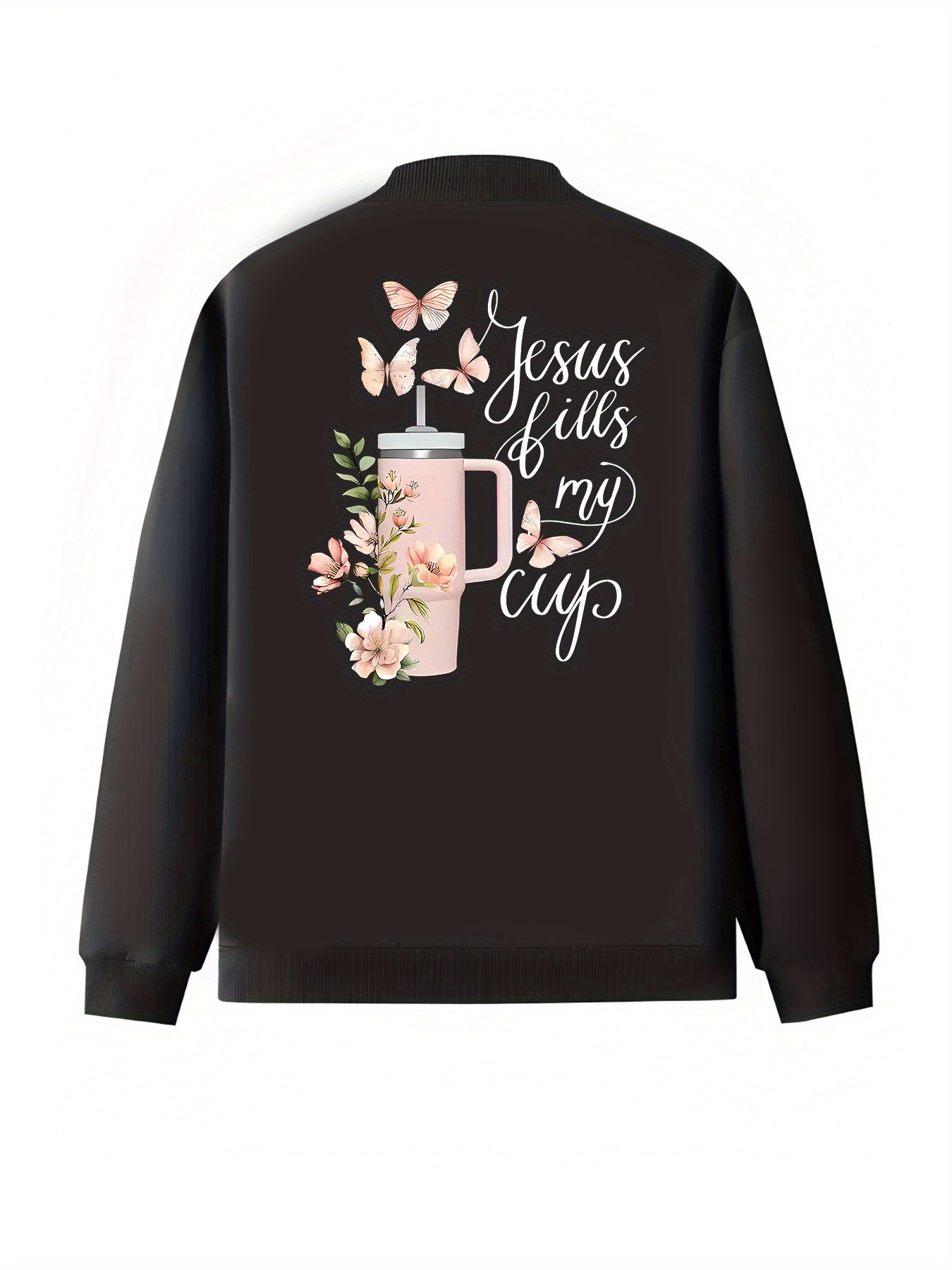 Women's Plus Size Black Zip-Up Bomber Jacket with Pockets and Floral Print