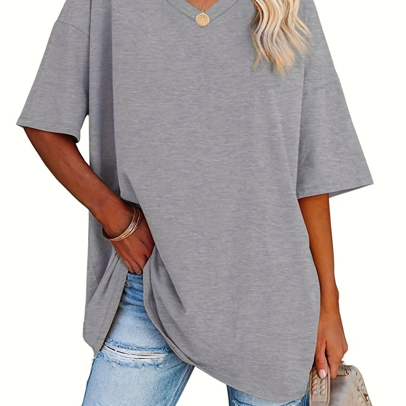 Women's V-Neck Loose Fit Blouse Solid Color Spring Summer Casual Formal