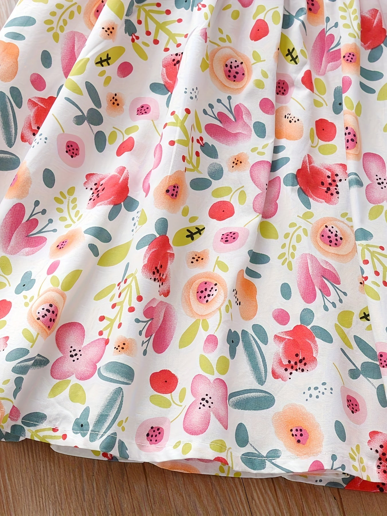 Girls Summer Dress with Floral Print and Puff Sleeves Knee High Casual Clothing