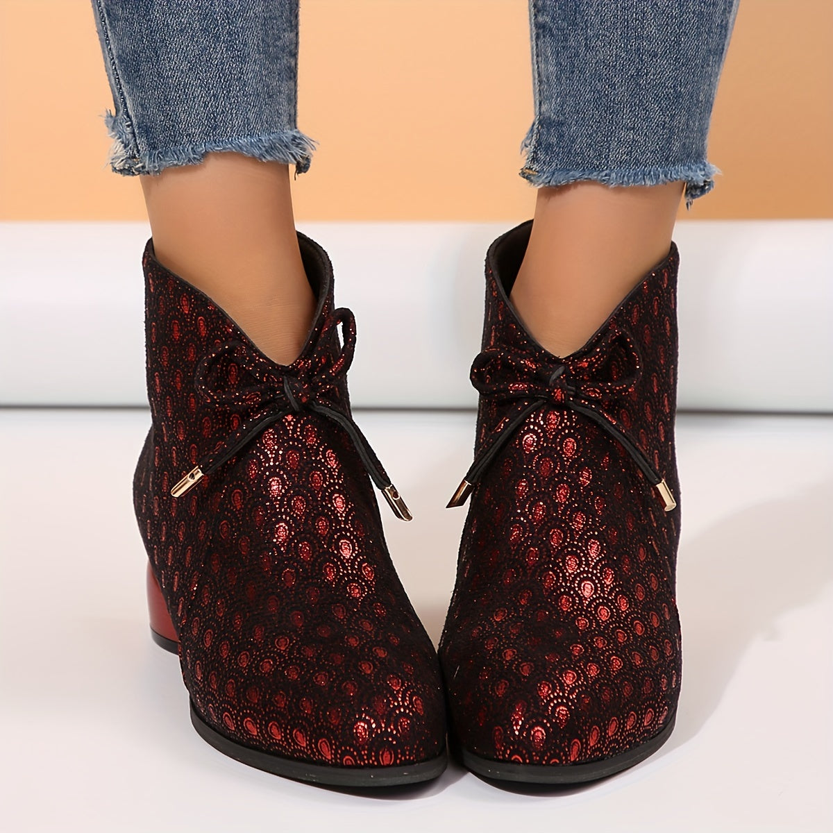 Women's Peacock Print Ankle Boots Chunky Heel Zipper Mid-Heel All-Season