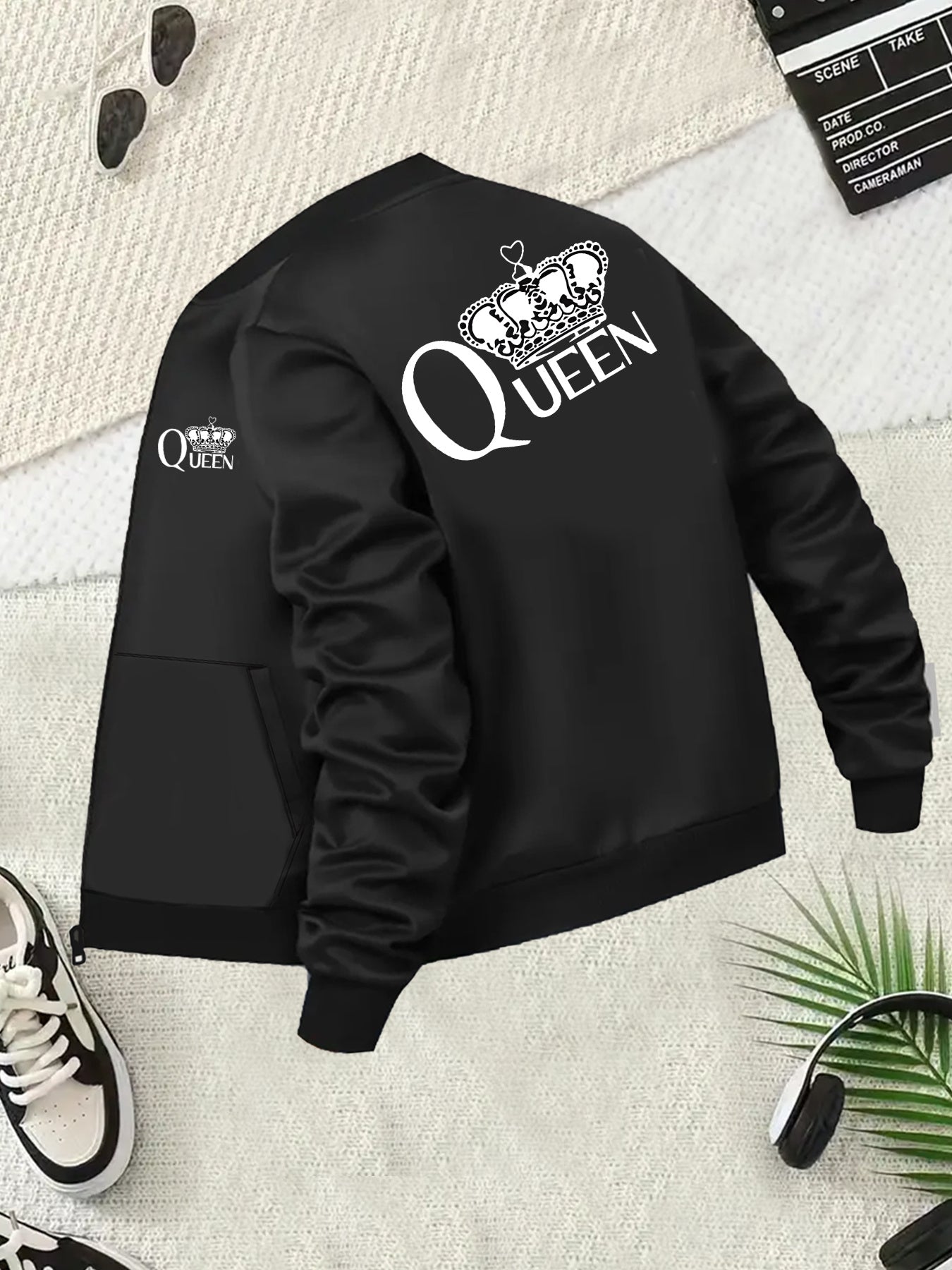 Plus Size Women's Black Casual Zip-Up Jacket with Crown Print Long Sleeve