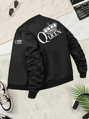 Plus Size Women's Black Casual Zip-Up Jacket with Crown Print Long Sleeve