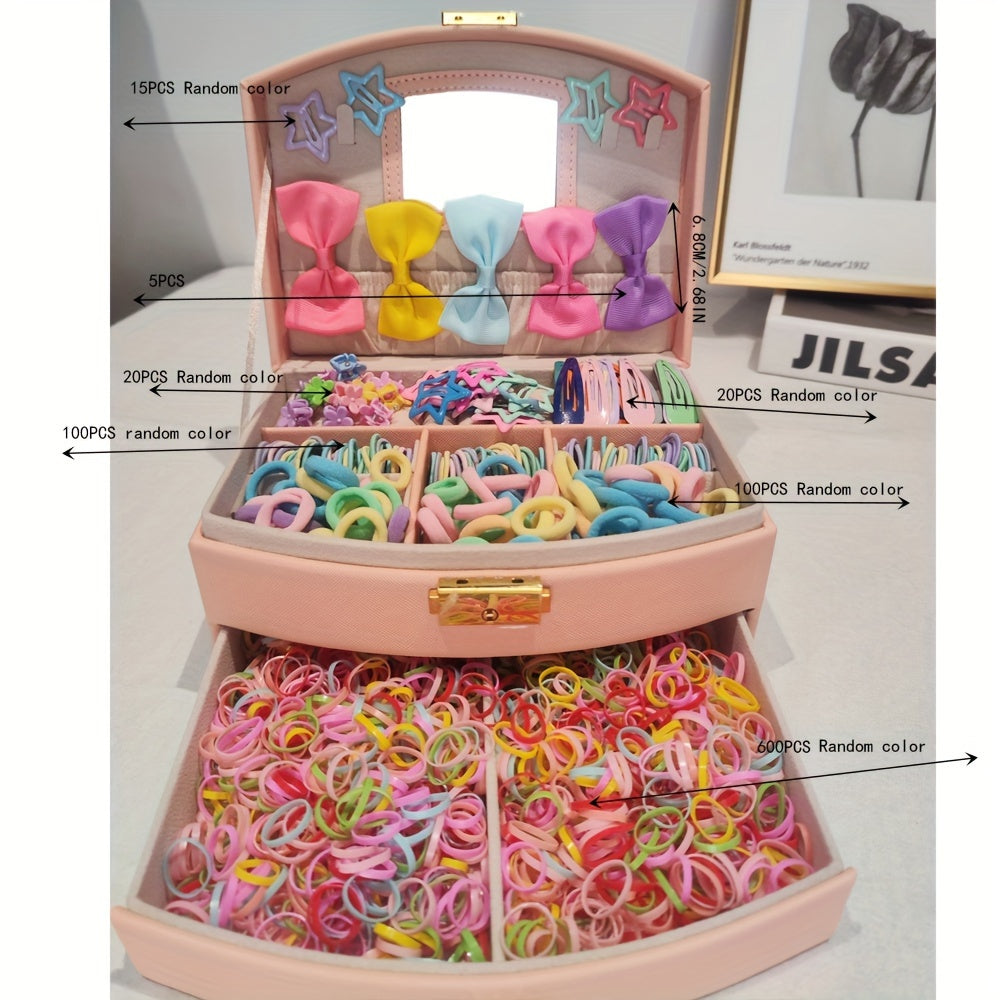 Women’s Hair Accessory Set with 860 Colorful Elastic Bands Clips and Flowers