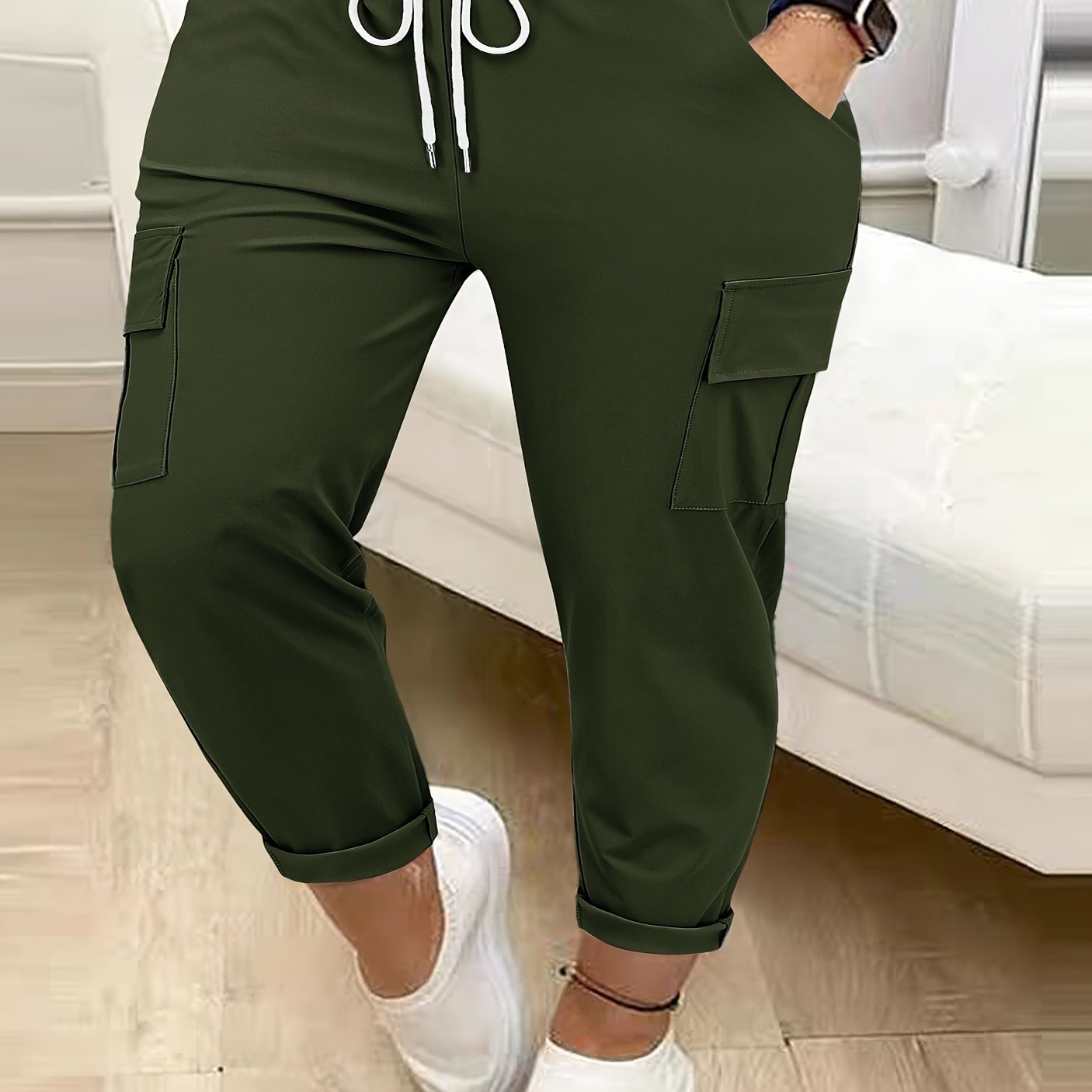 Plus Size Women Cargo Pants Polyester Blend Drawstring Waist All-Season