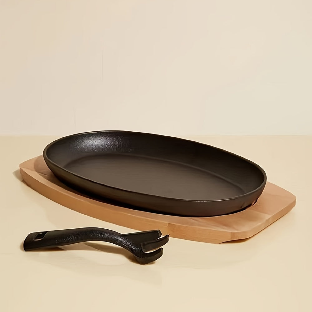 Cast Iron Skillet Set with Wooden Base and Iron Fork for Steak Griddle Cooking Uncoated