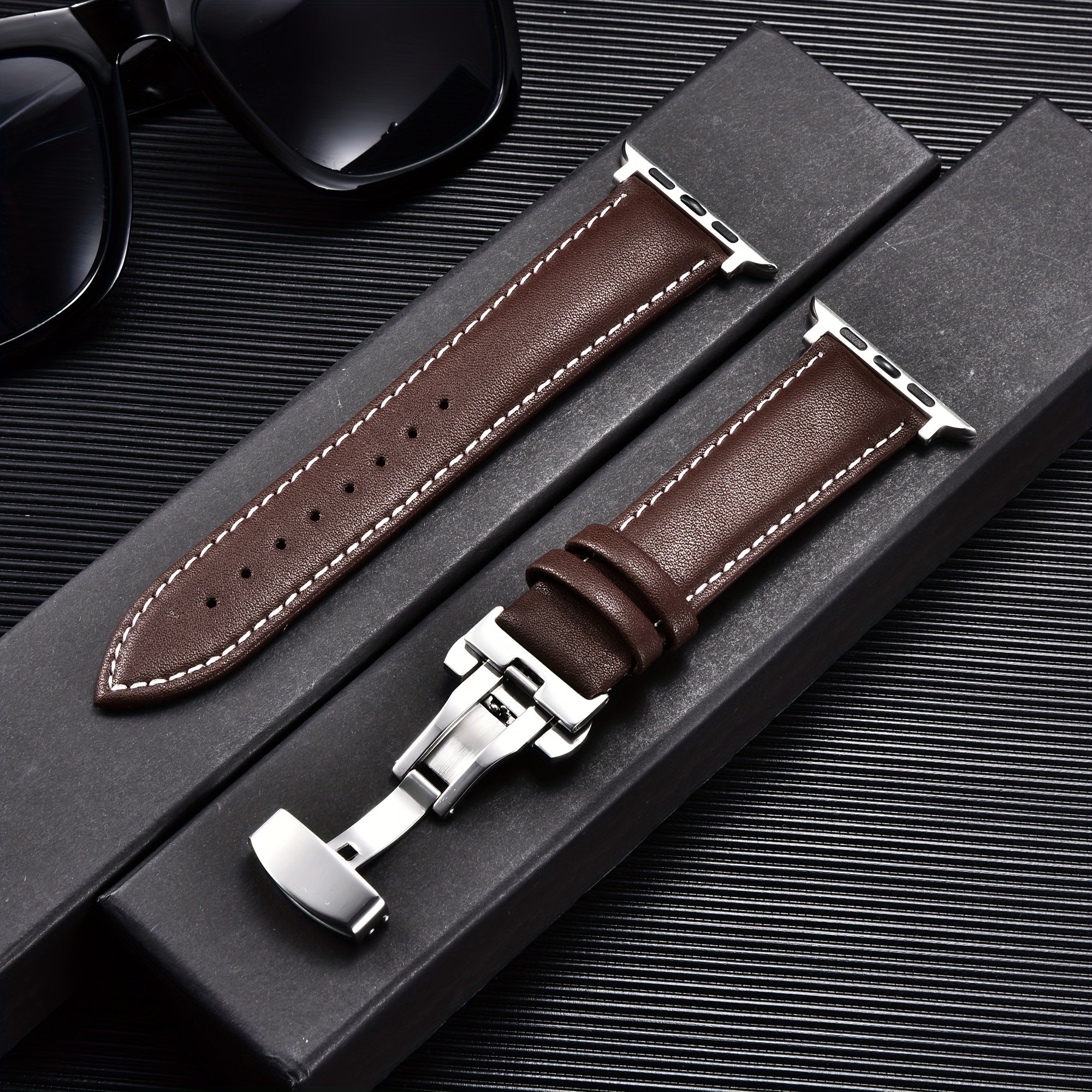 PU Leather Watch Band with Butterfly Clasp Compatible with All Apple Watch Models 38/40/41mm 42/44/45/49mm