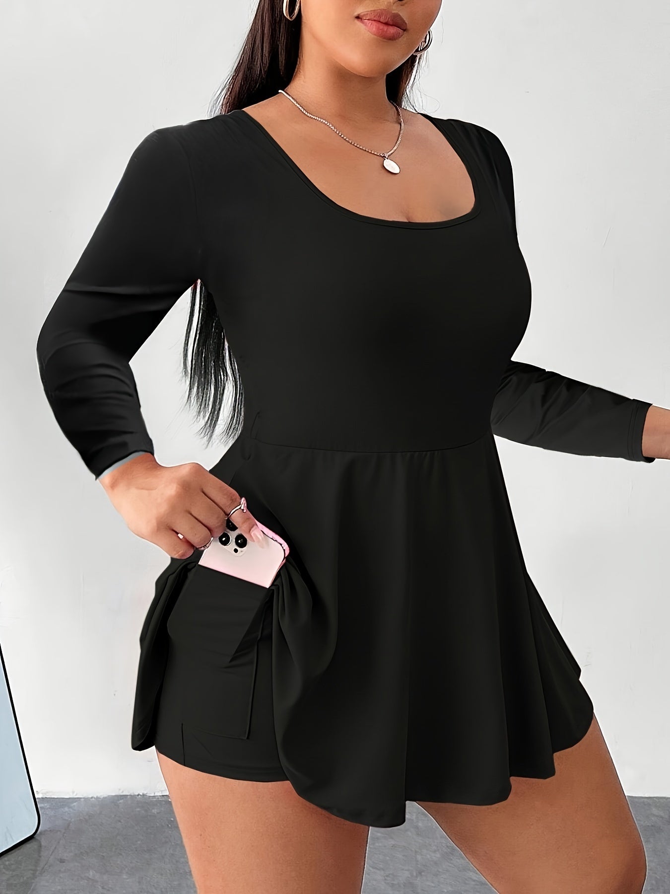 Plus Size Women's Black Square Neck Jumpsuit with Pockets and Flared Hem