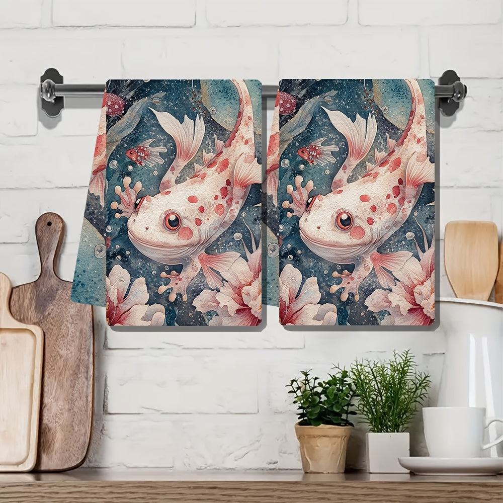 Set of 2 Ultra Soft Kitchen Towels with Axolotl and Floral Design, 40x60 cm