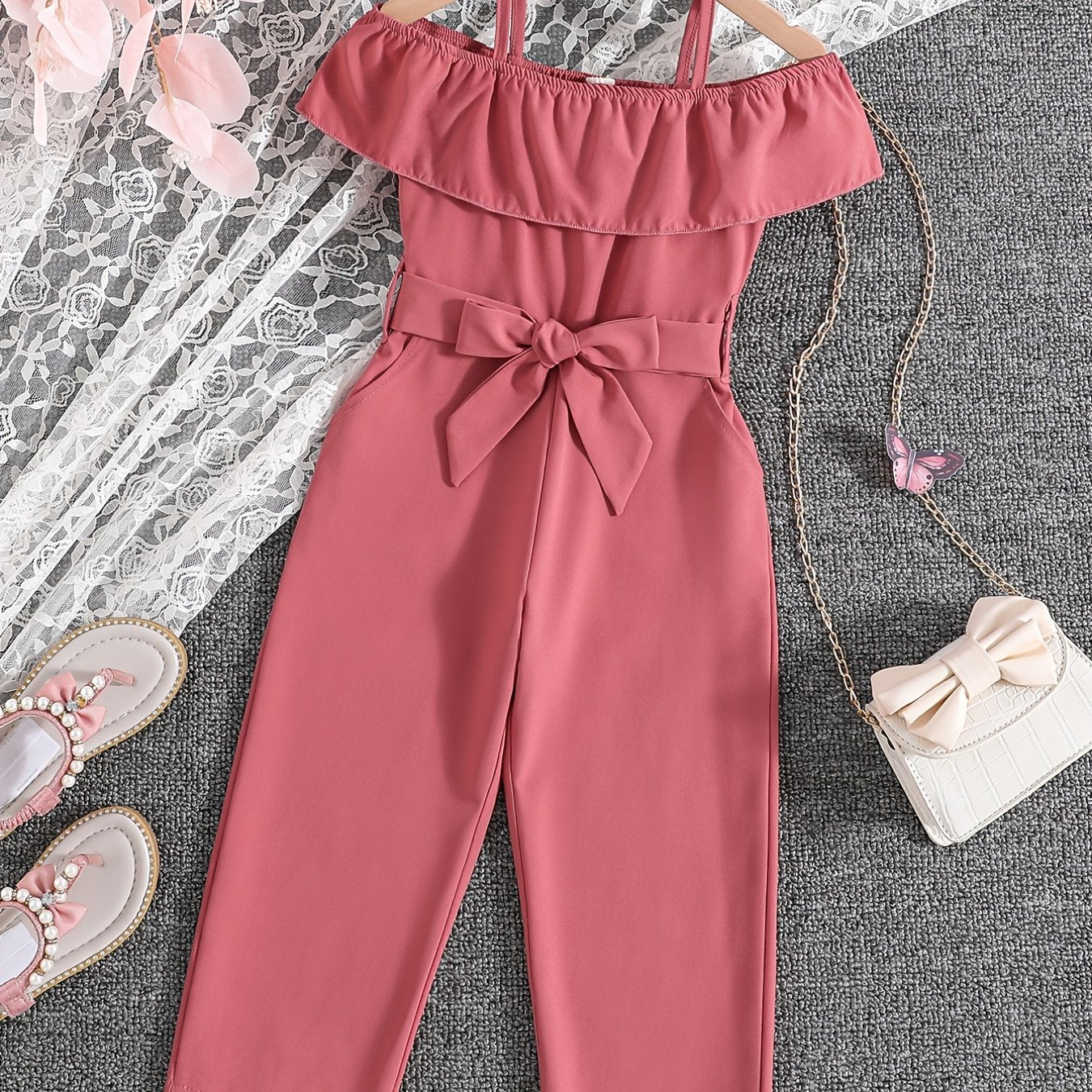 Девочки Рюфель Ками Комбинезон Открытые плечи Пояс Лето Весна Осень Детский Тканый Полиэстер