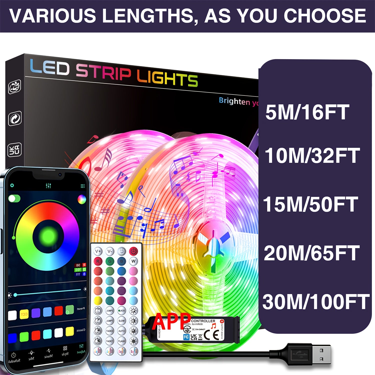 Smart RGB LED Strip Lights 4.88m to 30.48m Music Sync Color Changing App Remote Indoor Decor