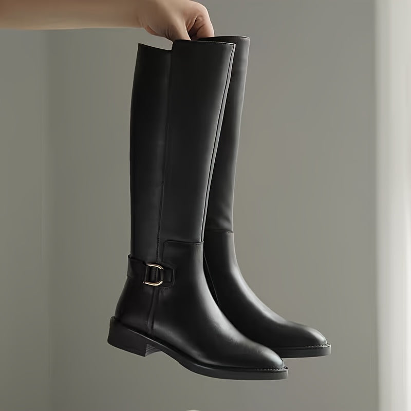 Women's Black Mid-Calf Boots Synthetic Chunky Heel Zipper Closure