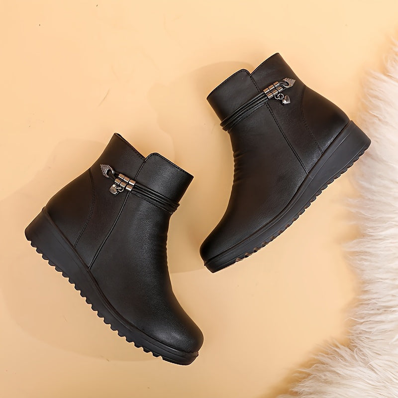 Women's Fleece-Lined Winter Boots Mid-Calf Waterproof Black Casual