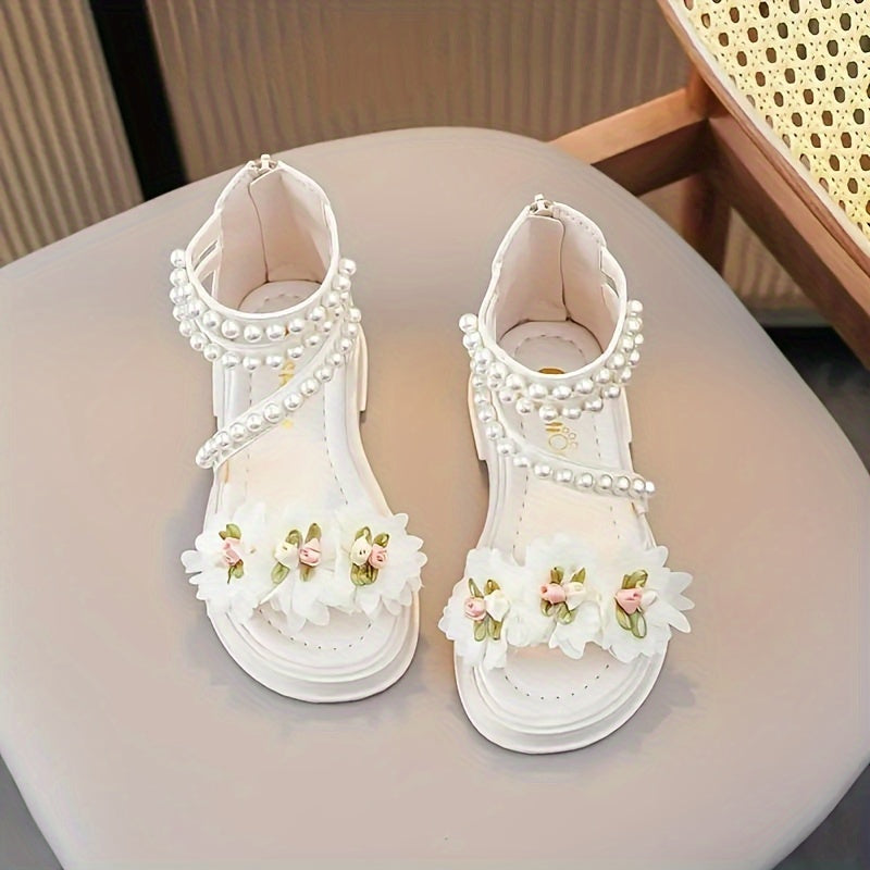 Baby Girl Sandals Open Toe Flowers Pearls Zipper Summer Casual