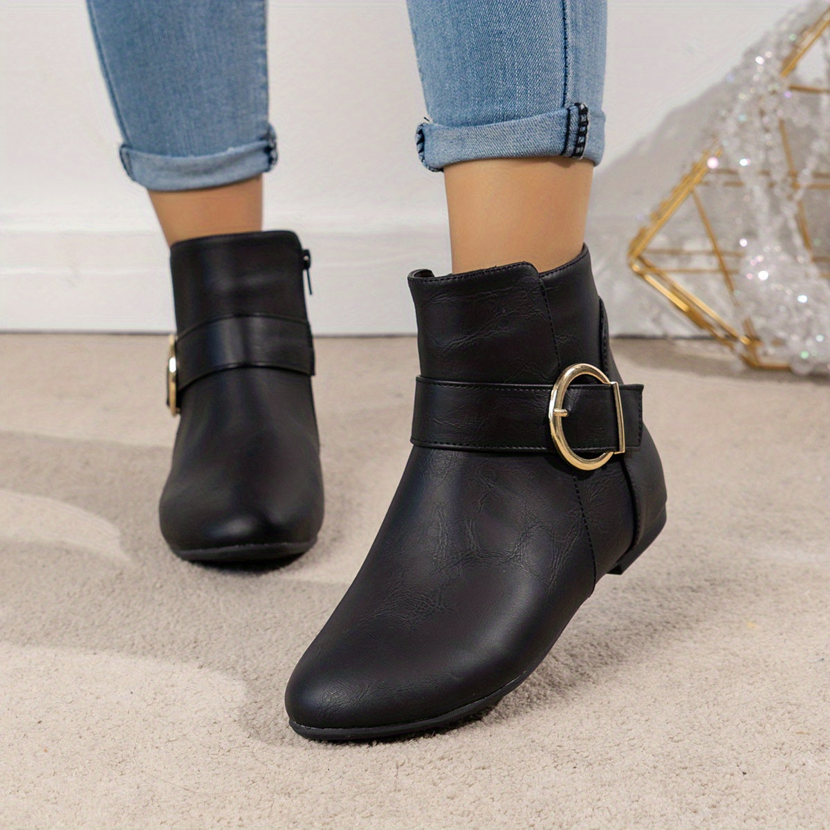 Women Leather Side Zipper Ankle Boots with Big Buckle