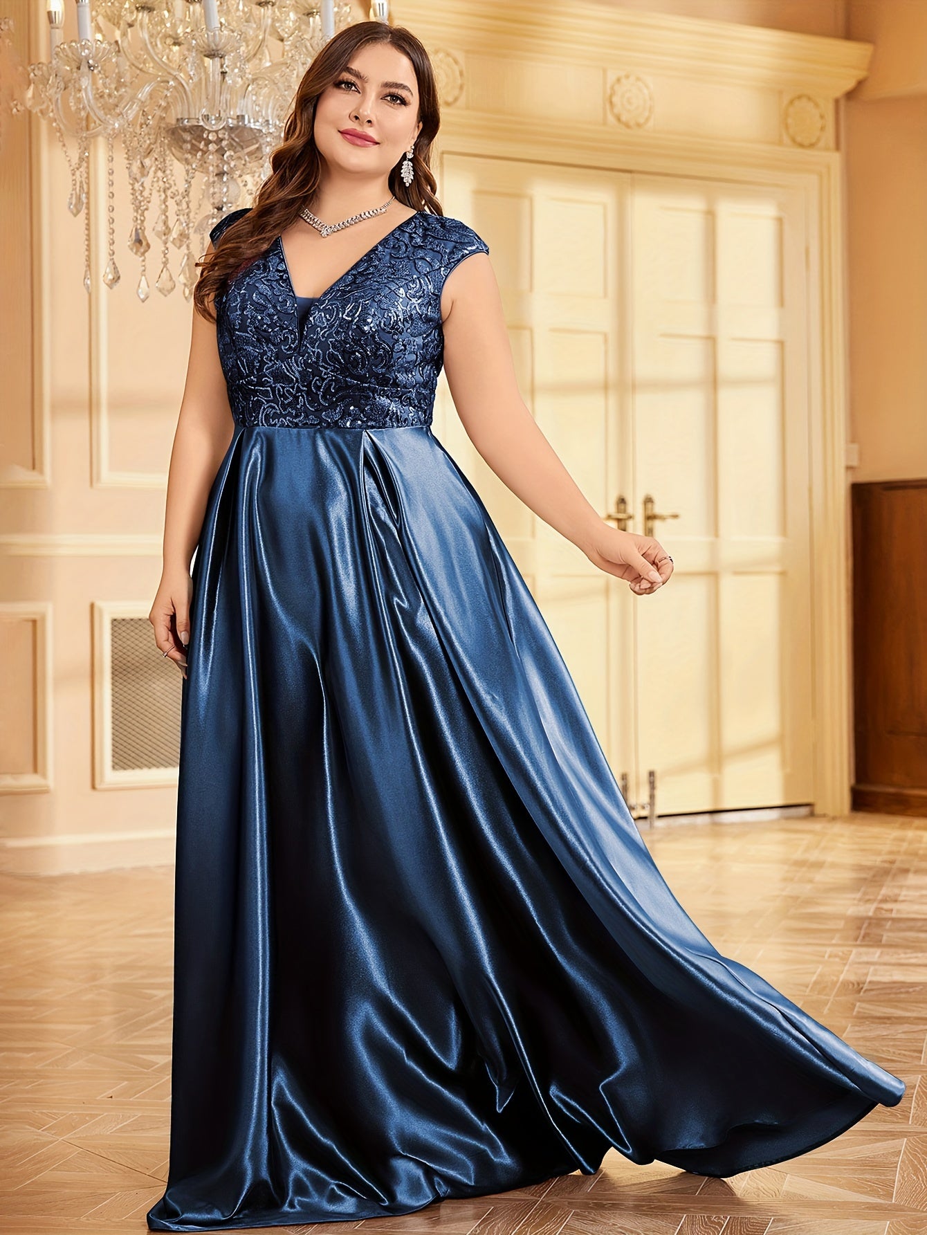 Women’s Sequin Bridesmaid Gown V-Neck Party Dress Plus Size