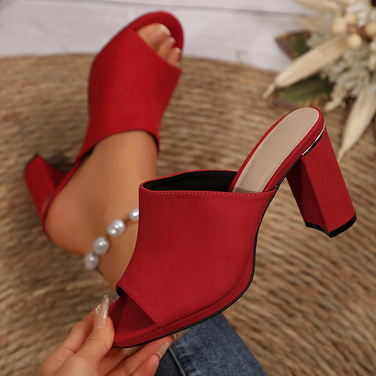 Women's Peep Toe Block Heel Sandals Solid Color Fabric Summer Slip-On