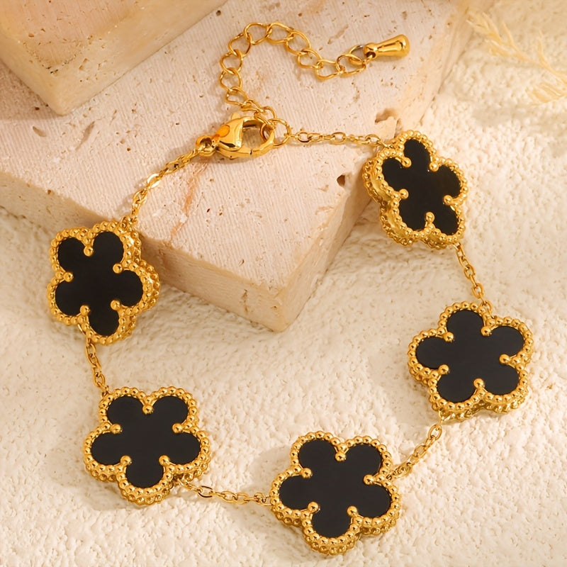 Set of 4 Gold Plated Stainless Steel Flower Bracelets with Rhinestones Boho Style for Women