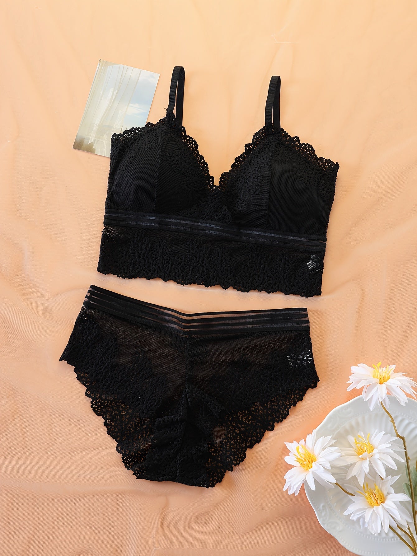 Women's Lace Push Up Bra and Mesh Panties Set with 3 Pieces