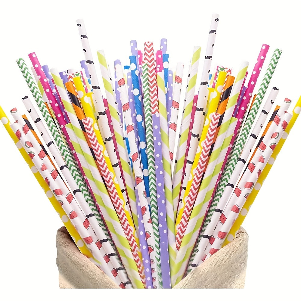 25 Pack Assorted Paper Straws Polka Dot Striped Waves Stars for Parties Weddings BBQ