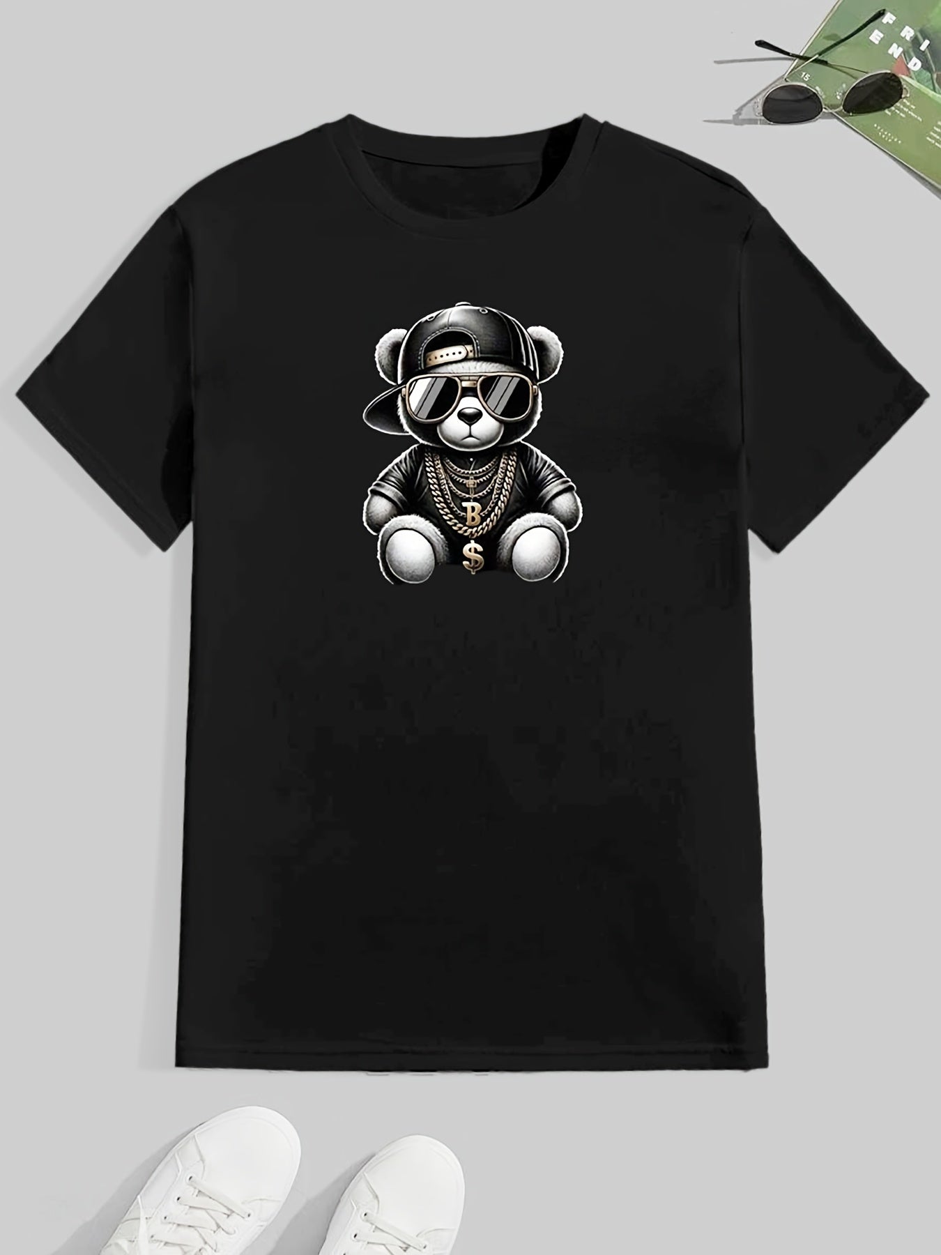 Men's Cartoon Bear Print Pajama Set Short Sleeve Shorts Knit Sleepwear All Seasons