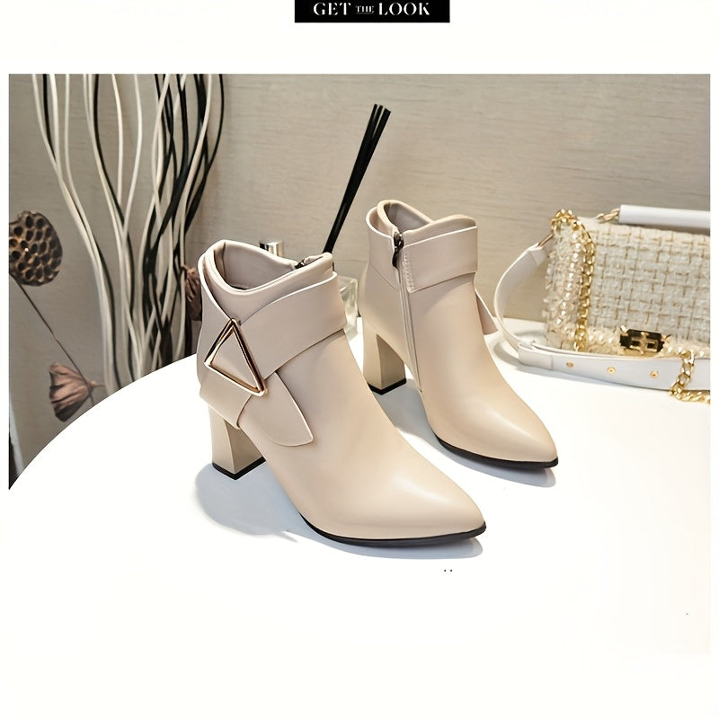 Women's Synthetic Ankle Boots with Chunky Heel Pointed Toe Beige