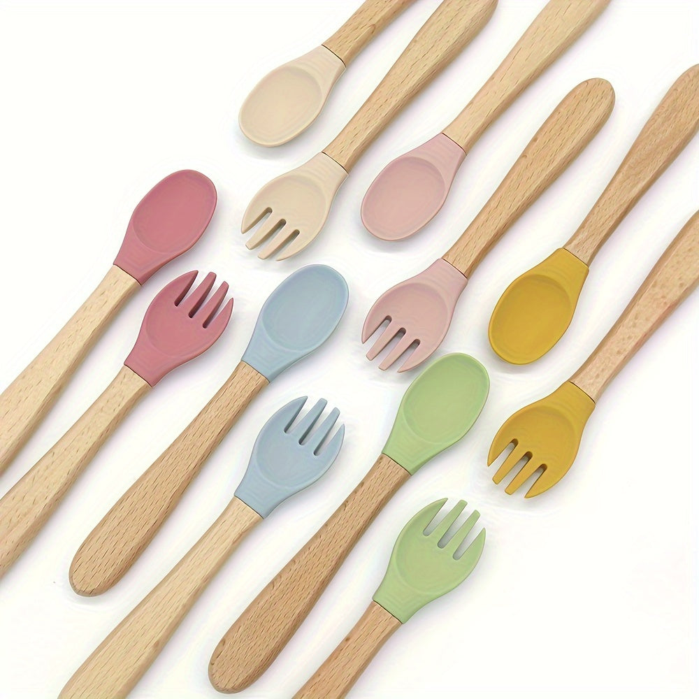 Juego de 2 conjuntos de alimentación para niños con cucharas de silicona y mangos de madera en colores mezclados