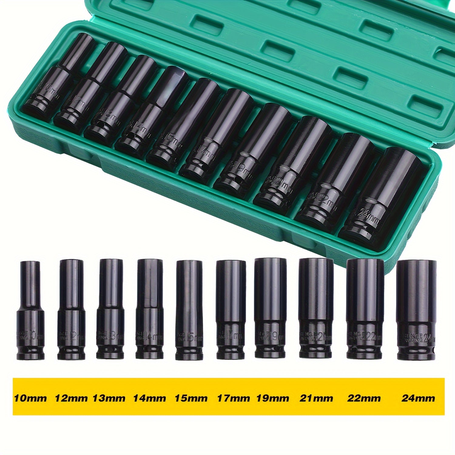 10Pcs Socket Head Set 10-24mm with Impact Wrench Adapter Heavy-Duty Carbon Steel